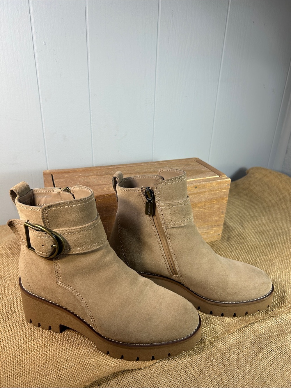 Blondo Taupe Suede Waterproof Lug-Sole Ankle Boots with Buckle - Picture 3 of 11